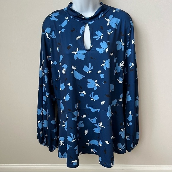 Eloquii Tops - Eloquii Peplum Tie Neck L/S Top Boho Keyhole Back Cut Out Stretch Blue Floral 20